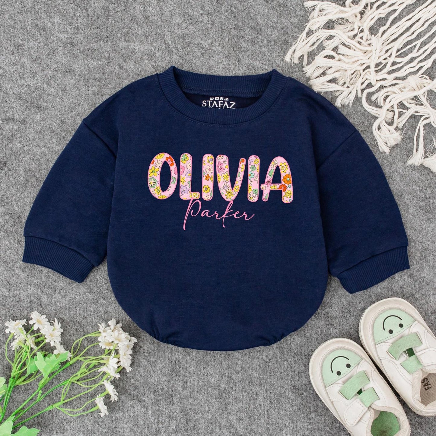 Personalized Baby Girl Romper with Floral First Name & Pink Cursive Middle Name Custom Newborn Outfit Baby Shower Gift