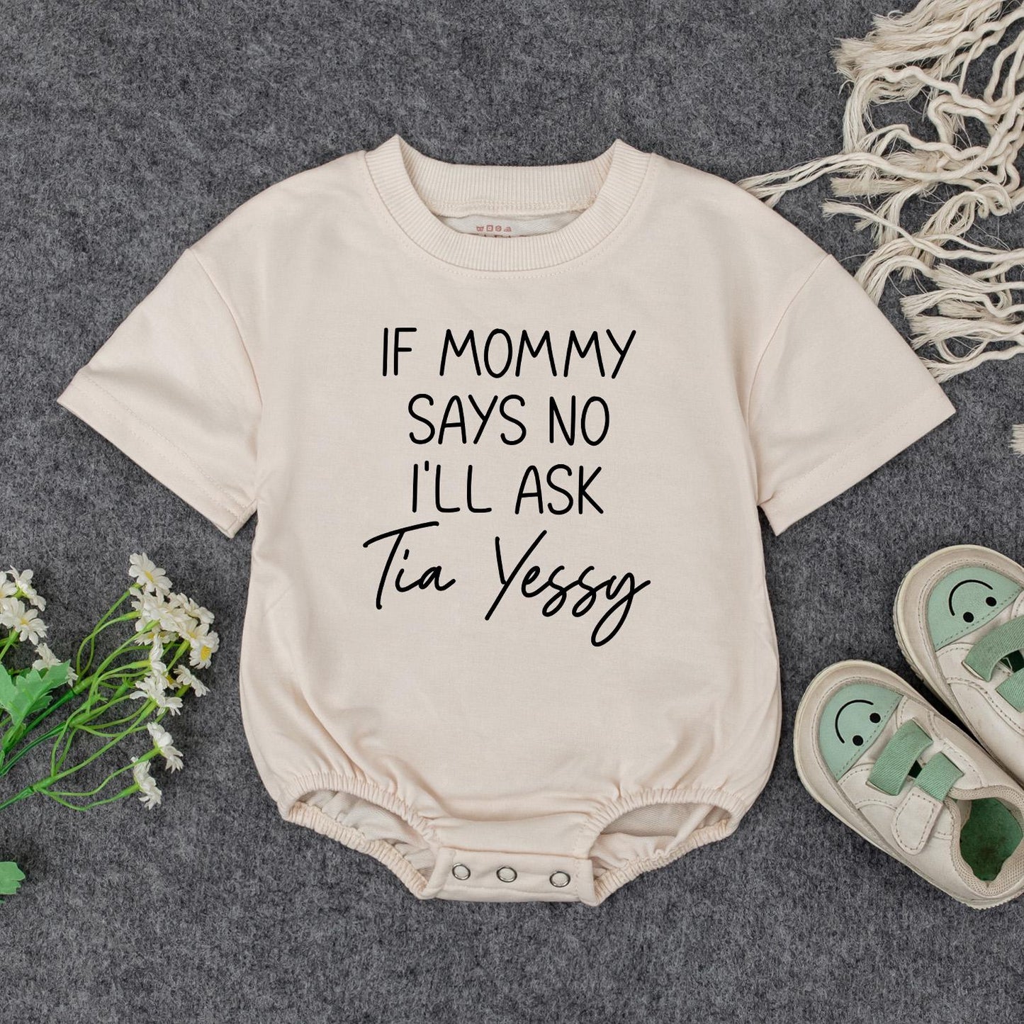 Funny Personalized Baby Romper If Mommy Says No I'll Ask Auntie Gift Modern Script Text Newborn Infant Bodysuit Soft Cotton Outfit Idea