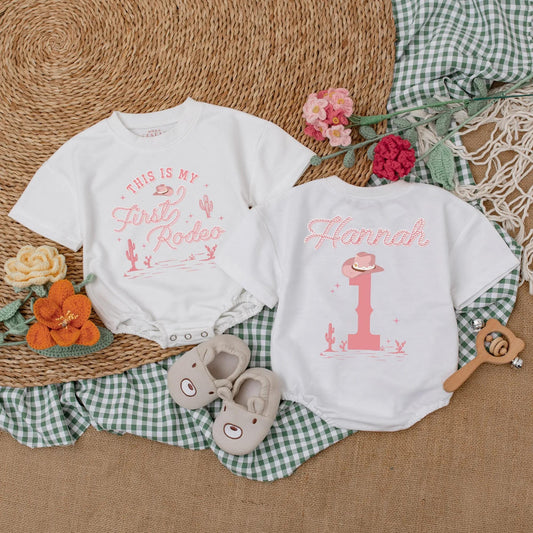 Custom Pink Cowgirl First Birthday Romper, This is My First Rodeo Bodysuit for Baby Girl, Western Birthday Party Outfit, Cute Gift