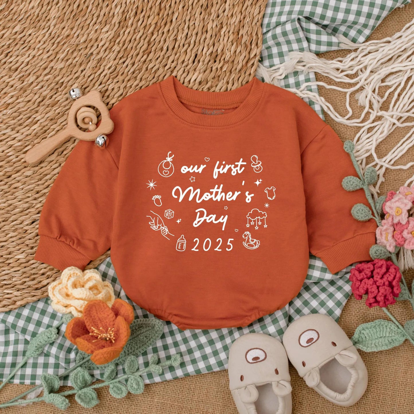 Retro Our First Mother's Day Romper Baby Girl Sleepsuit Minimalist Design New Mom Gift for Mother's Day, Comfortable Baby Clothes