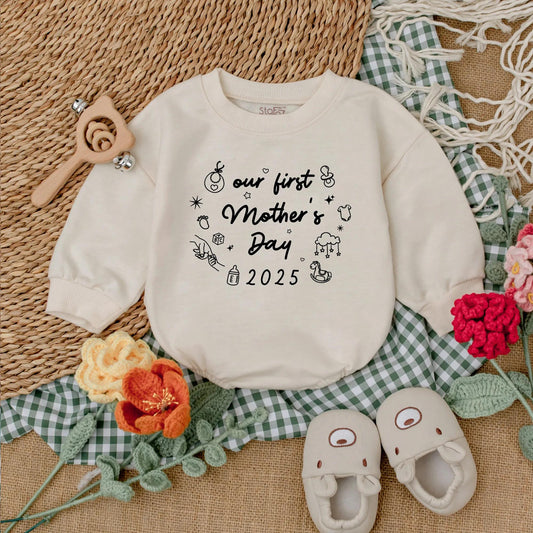 Retro Our First Mother's Day Romper Baby Girl Sleepsuit Minimalist Design New Mom Gift for Mother's Day, Comfortable Baby Clothes