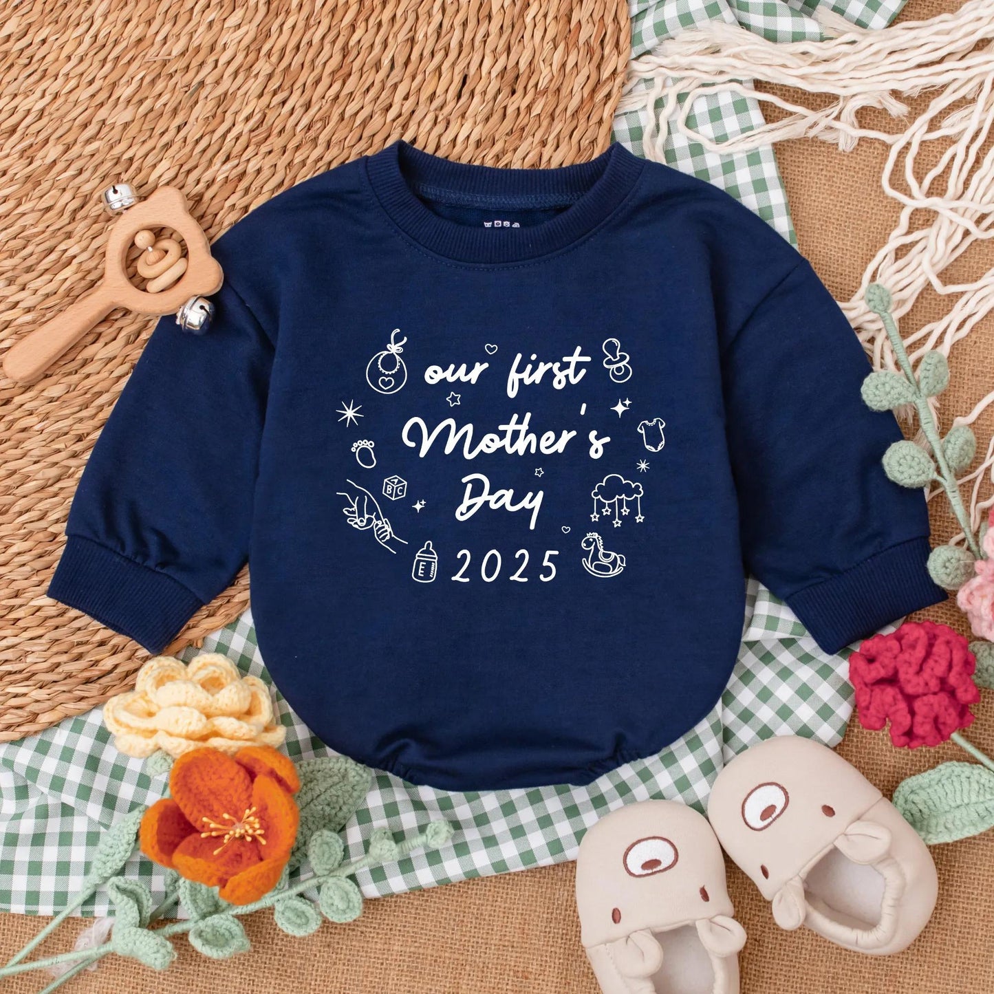 Retro Our First Mother's Day Romper Baby Girl Sleepsuit Minimalist Design New Mom Gift for Mother's Day, Comfortable Baby Clothes