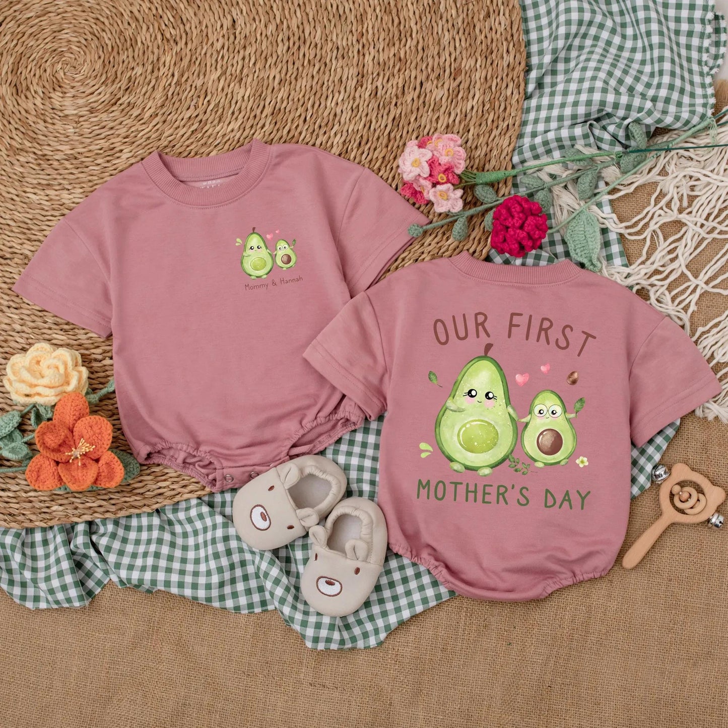 Personalized Avocado First Mother's Day Romper Gift for Baby Girl, Cute Happy Mommy Bodysuit, New Mom Present, Soft Cotton Outfit