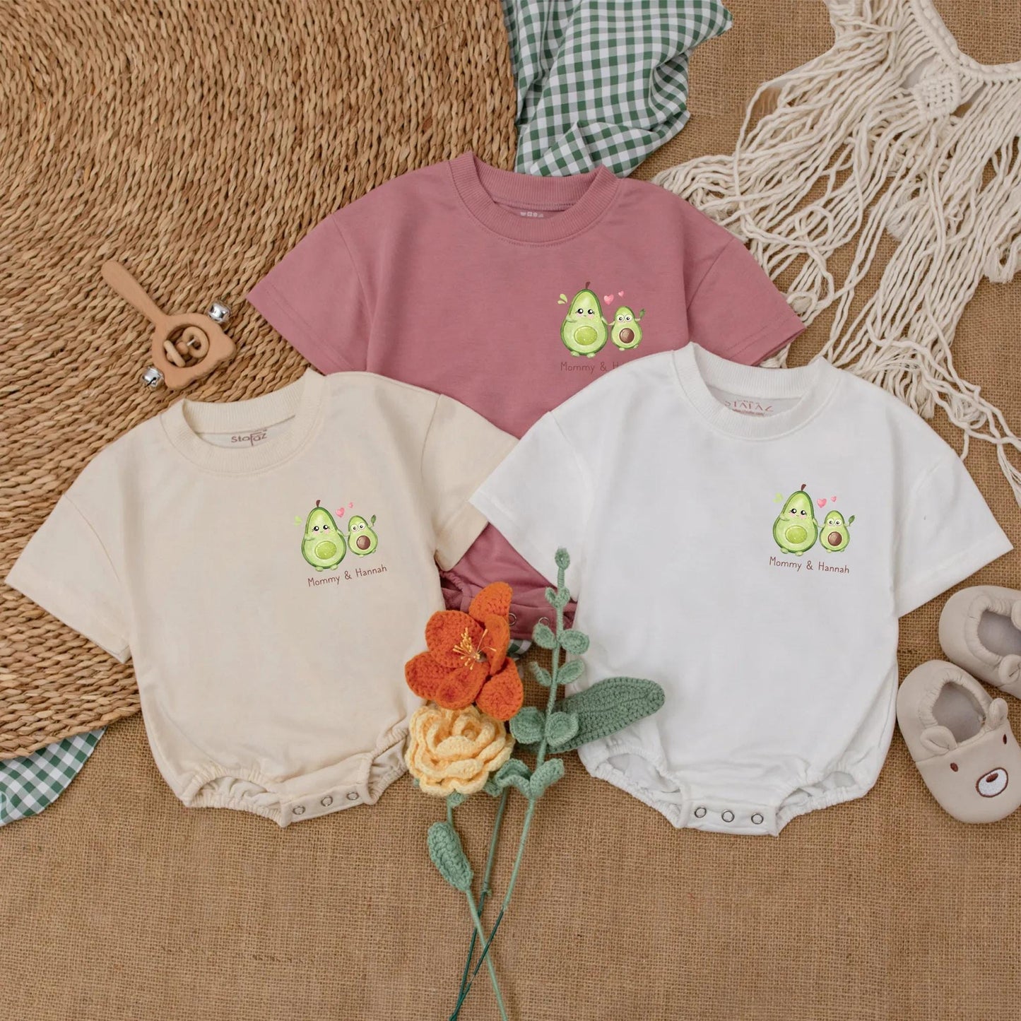 Personalized Avocado First Mother's Day Romper Gift for Baby Girl, Cute Happy Mommy Bodysuit, New Mom Present, Soft Cotton Outfit