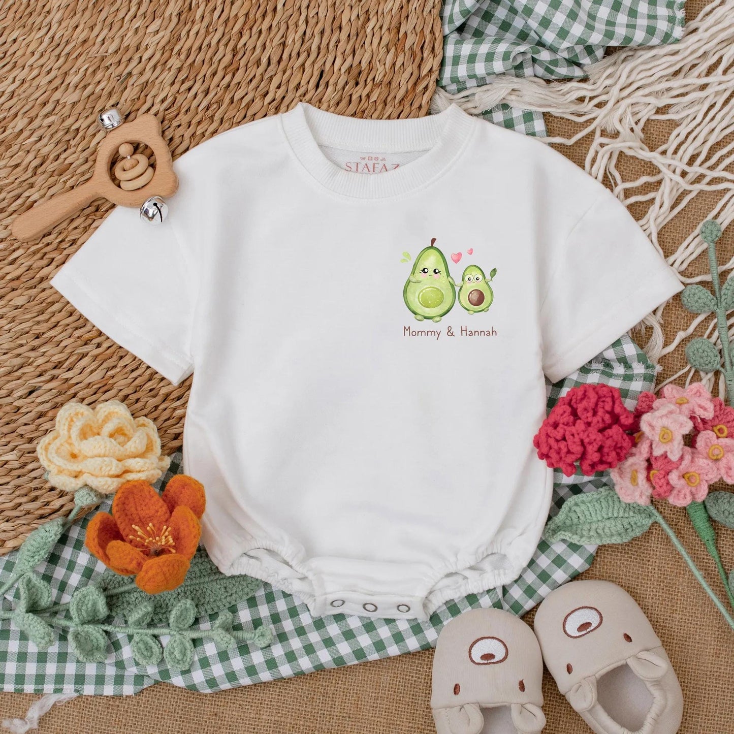 Personalized Avocado First Mother's Day Romper Gift for Baby Girl, Cute Happy Mommy Bodysuit, New Mom Present, Soft Cotton Outfit