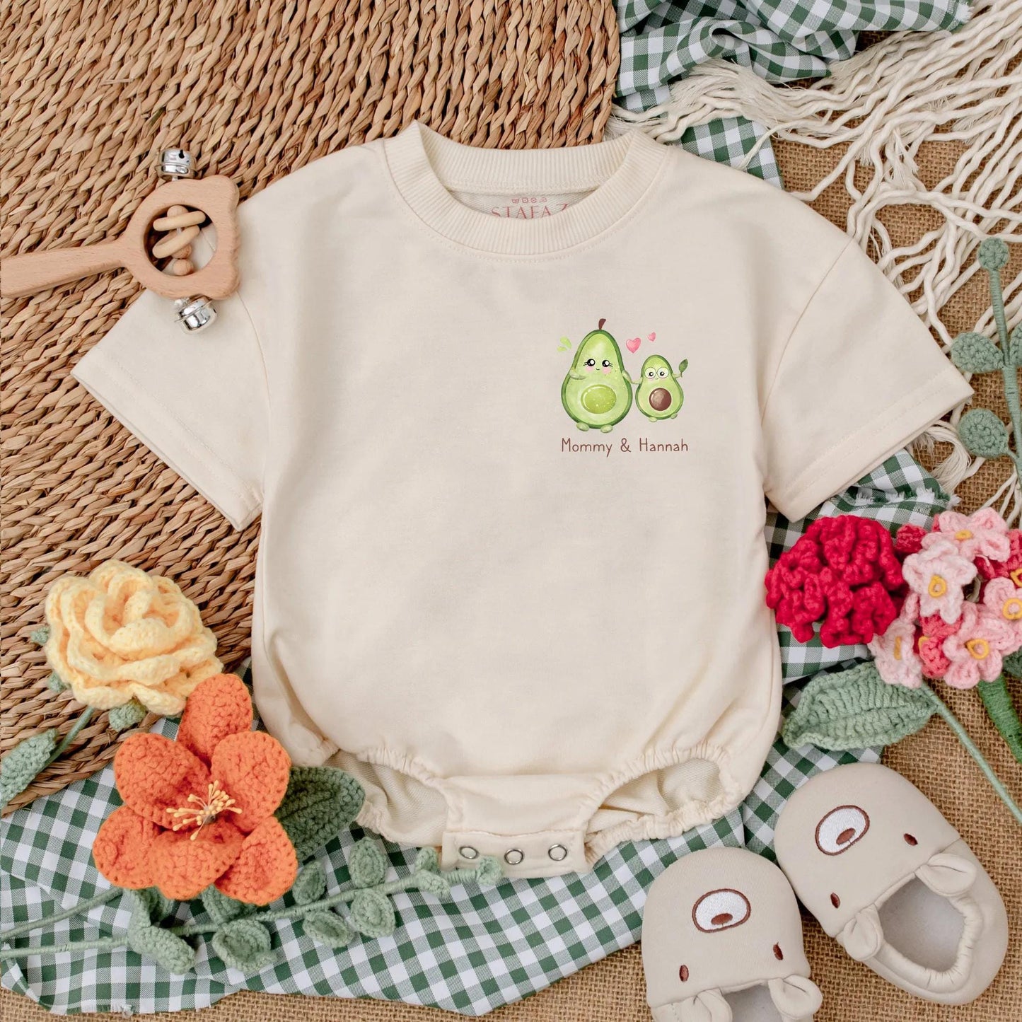 Personalized Avocado First Mother's Day Romper Gift for Baby Girl, Cute Happy Mommy Bodysuit, New Mom Present, Soft Cotton Outfit