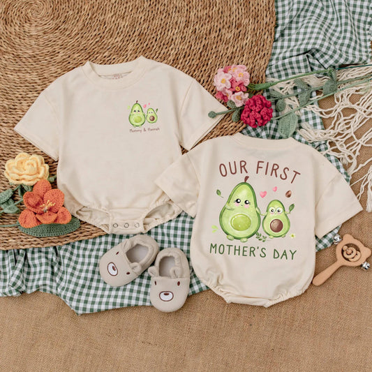 Personalized Avocado First Mother's Day Romper Gift for Baby Girl, Cute Happy Mommy Bodysuit, New Mom Present, Soft Cotton Outfit