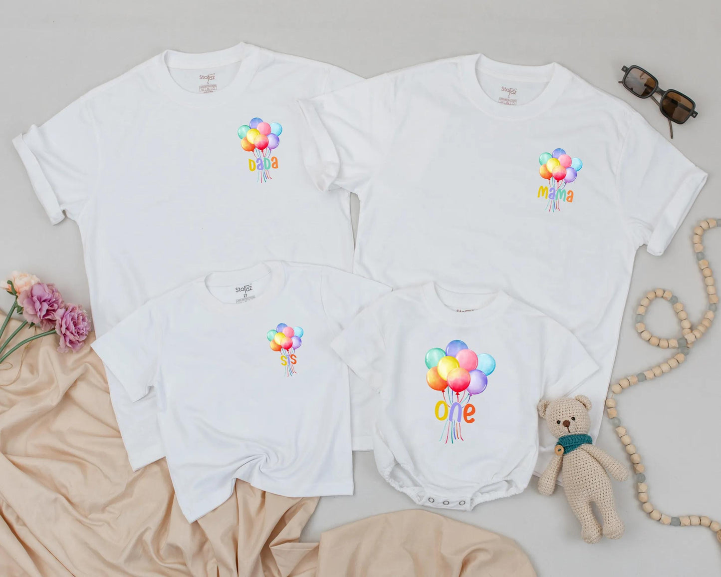 Personalized Colorful Balloon Birthday Shirt for First Birthday Custom Name Rainbow Balloons Mama Dada Sis Outfit First Birthday Gift