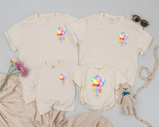 Personalized Colorful Balloon Birthday Shirt for First Birthday Custom Name Rainbow Balloons Mama Dada Sis Outfit First Birthday Gift