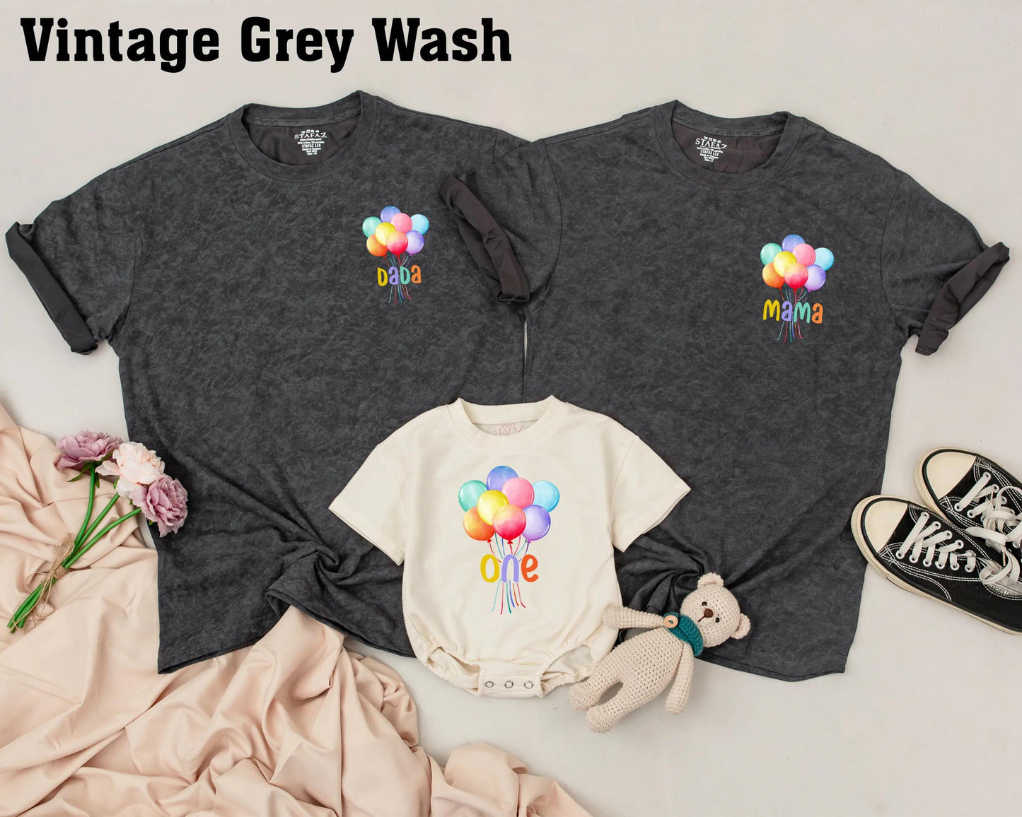 Personalized Colorful Balloon Birthday Shirt for First Birthday Custom Name Rainbow Balloons Mama Dada Sis Outfit First Birthday Gift