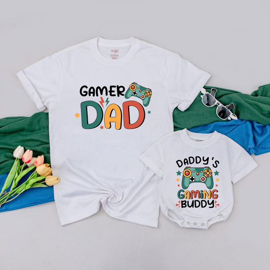Gamer Dad & Gaming Buddy T-Shirts - First Father's Day Gift for Dad & Baby Boy - Matching Family Outfits
