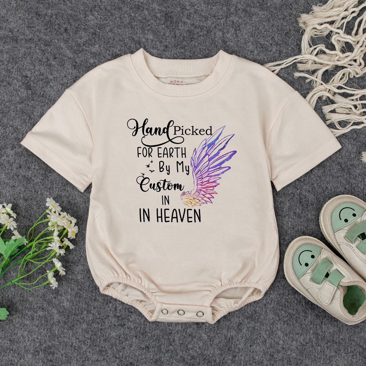 Hand Picked for Earth Baby Romper From Heaven Newborn Bodysuit, Custom Grandpa's Kiss Gift for Baby Shower, Announcement, Girl or Boy Bubble Romper