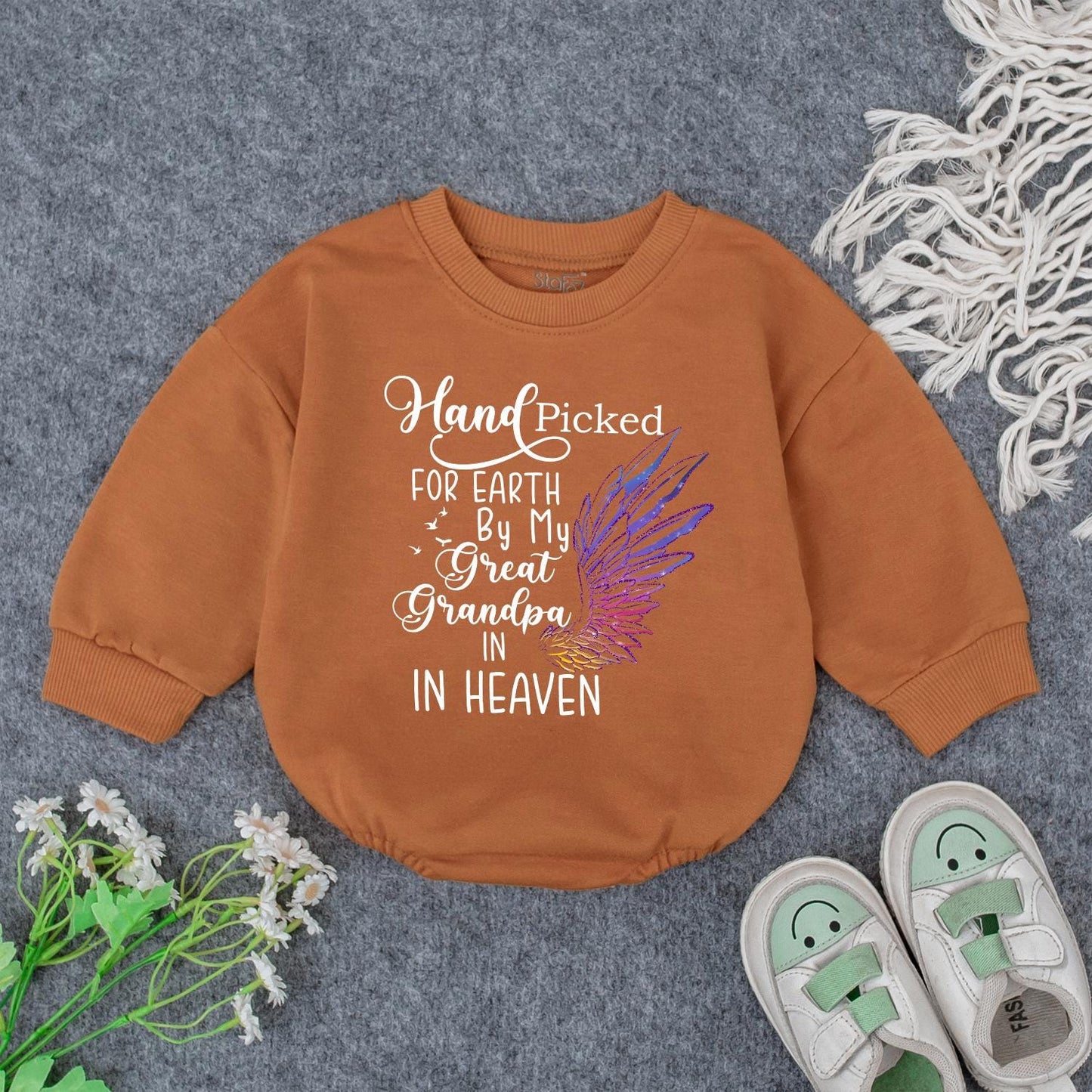 Hand Picked for Earth Baby Romper From Heaven Newborn Bodysuit, Custom Grandpa's Kiss Gift for Baby Shower, Announcement, Girl or Boy Bubble Romper