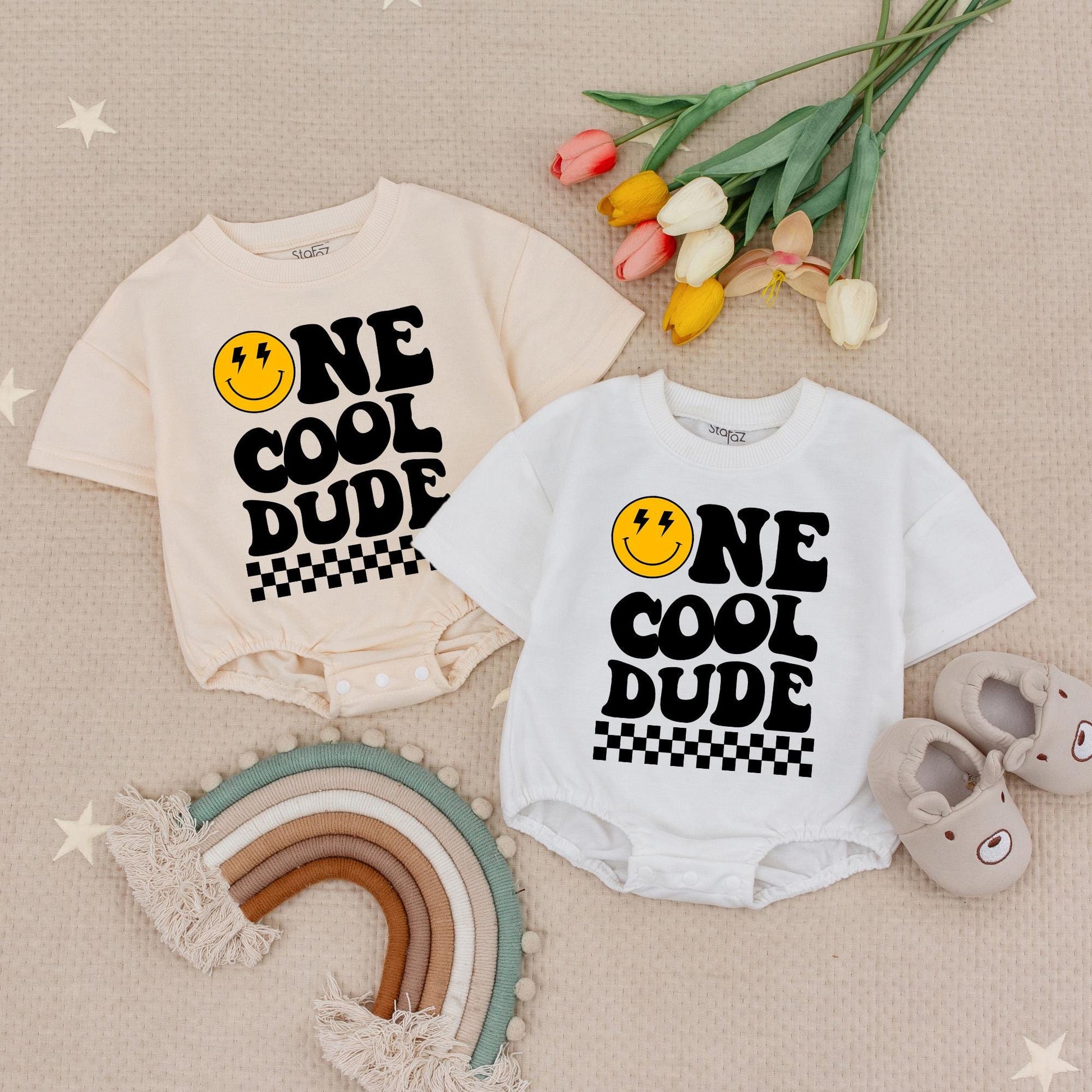 Custom Name One Cool Dude Birthday Romper Smiley Face & Checker Design 1st Birthday Boy Baby Bodysuit Party Outfit