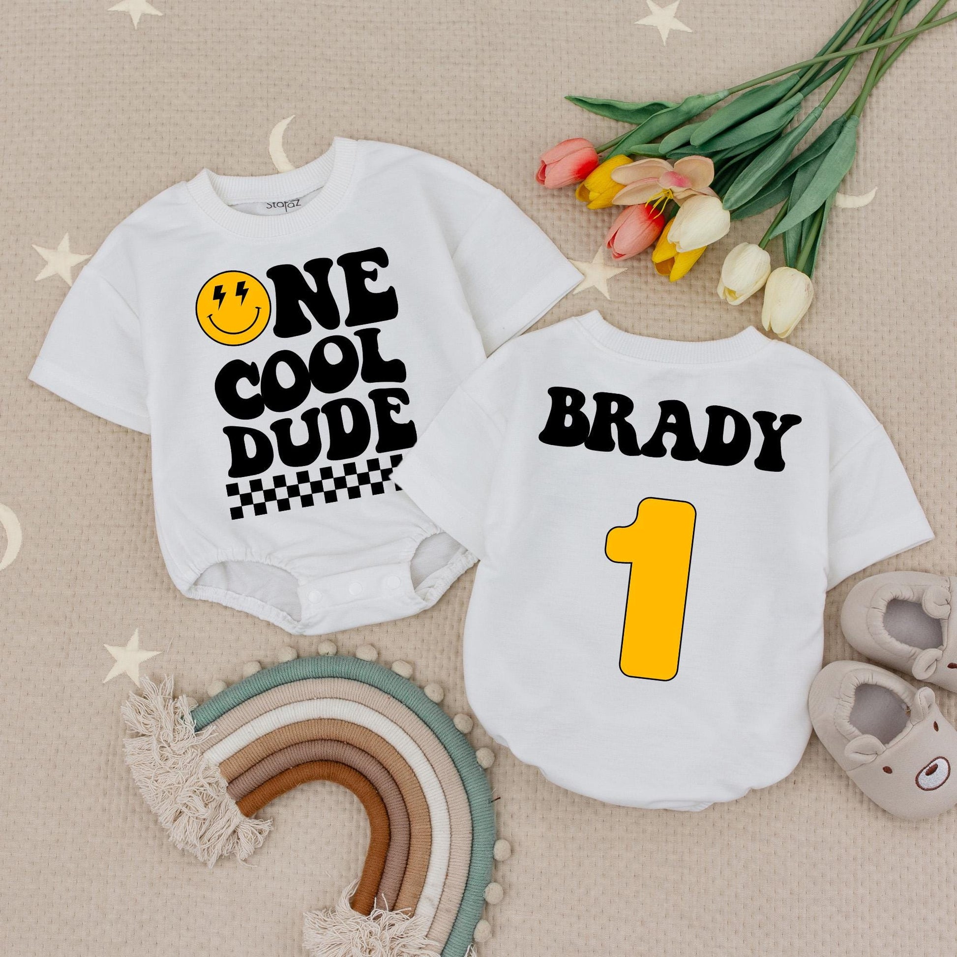 Custom Name One Cool Dude Birthday Romper Smiley Face & Checker Design 1st Birthday Boy Baby Bodysuit Party Outfit