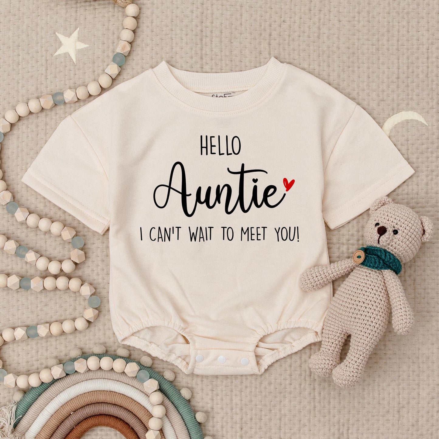 Hello Auntie Baby Romper I Can't Wait to Meet You Baby Announcement Sweet Black & Red Heart Pregnancy Reveal Gift for New Sister Auntie