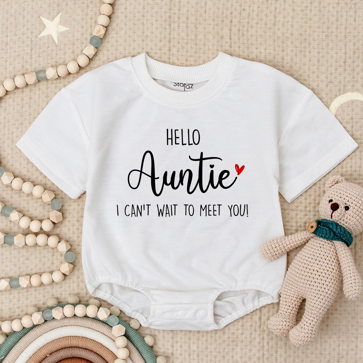 Hello Auntie Baby Romper I Can't Wait to Meet You Baby Announcement Sweet Black & Red Heart Pregnancy Reveal Gift for New Sister Auntie