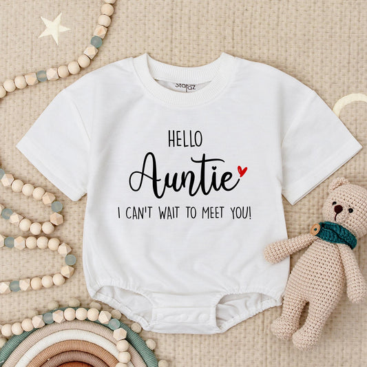Hello Auntie Baby Romper I Can't Wait to Meet You Baby Announcement Sweet Black & Red Heart Pregnancy Reveal Gift for New Sister Auntie