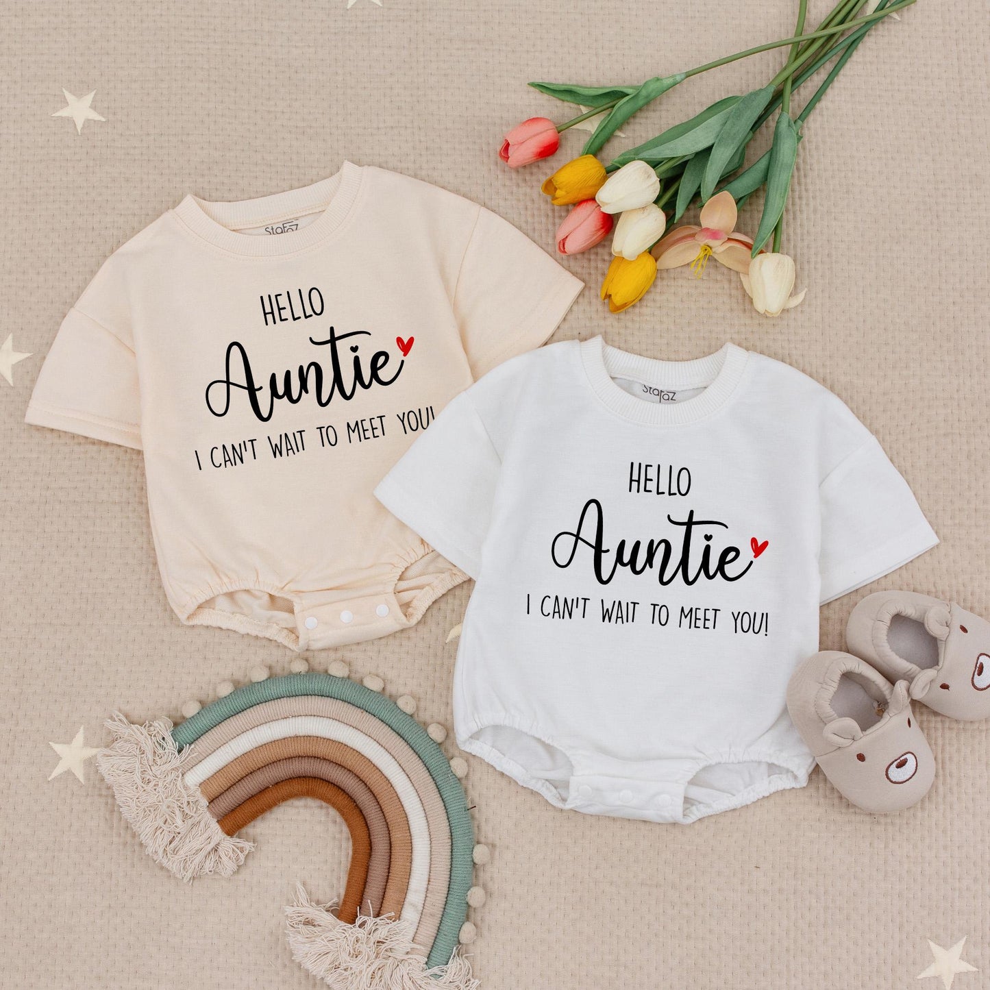 Hello Auntie Baby Romper I Can't Wait to Meet You Baby Announcement Sweet Black & Red Heart Pregnancy Reveal Gift for New Sister Auntie