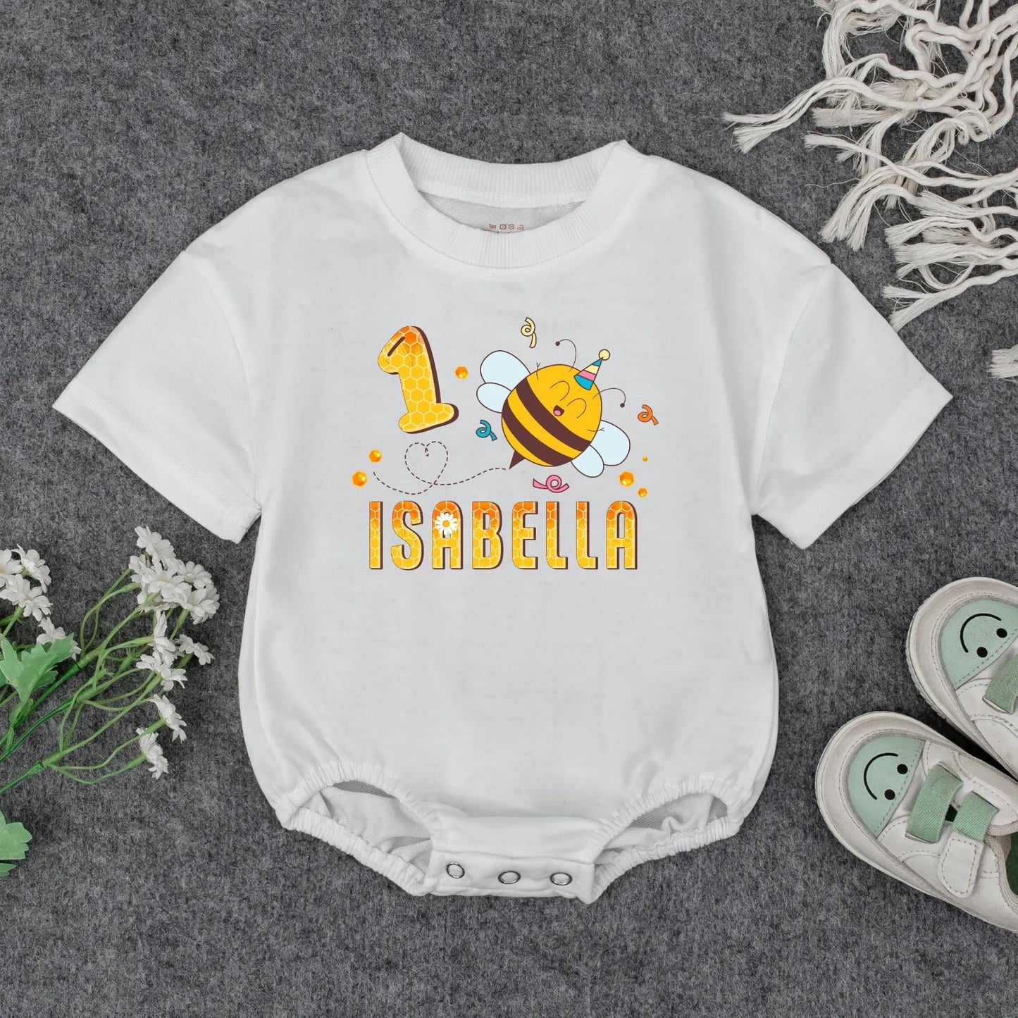 Personalized 1st Birthday Girl Romper Outfit Cute Bumblebee Honeycomb Design with Name Yellow Black Cheerful Floral Party Tee