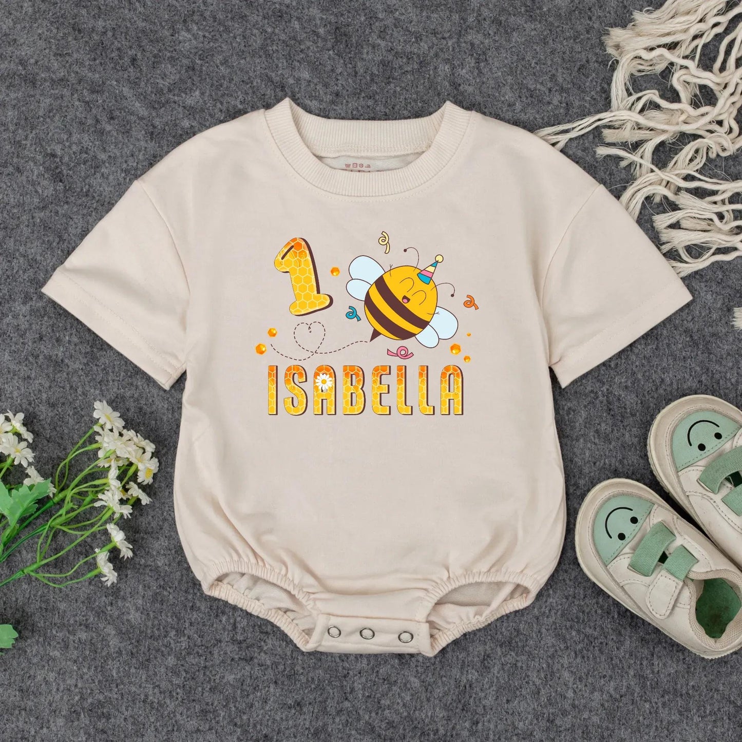 Personalized 1st Birthday Girl Romper Outfit Cute Bumblebee Honeycomb Design with Name Yellow Black Cheerful Floral Party Tee