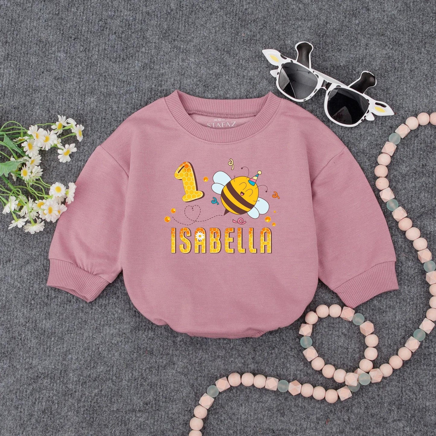Personalized 1st Birthday Girl Romper Outfit Cute Bumblebee Honeycomb Design with Name Yellow Black Cheerful Floral Party Tee