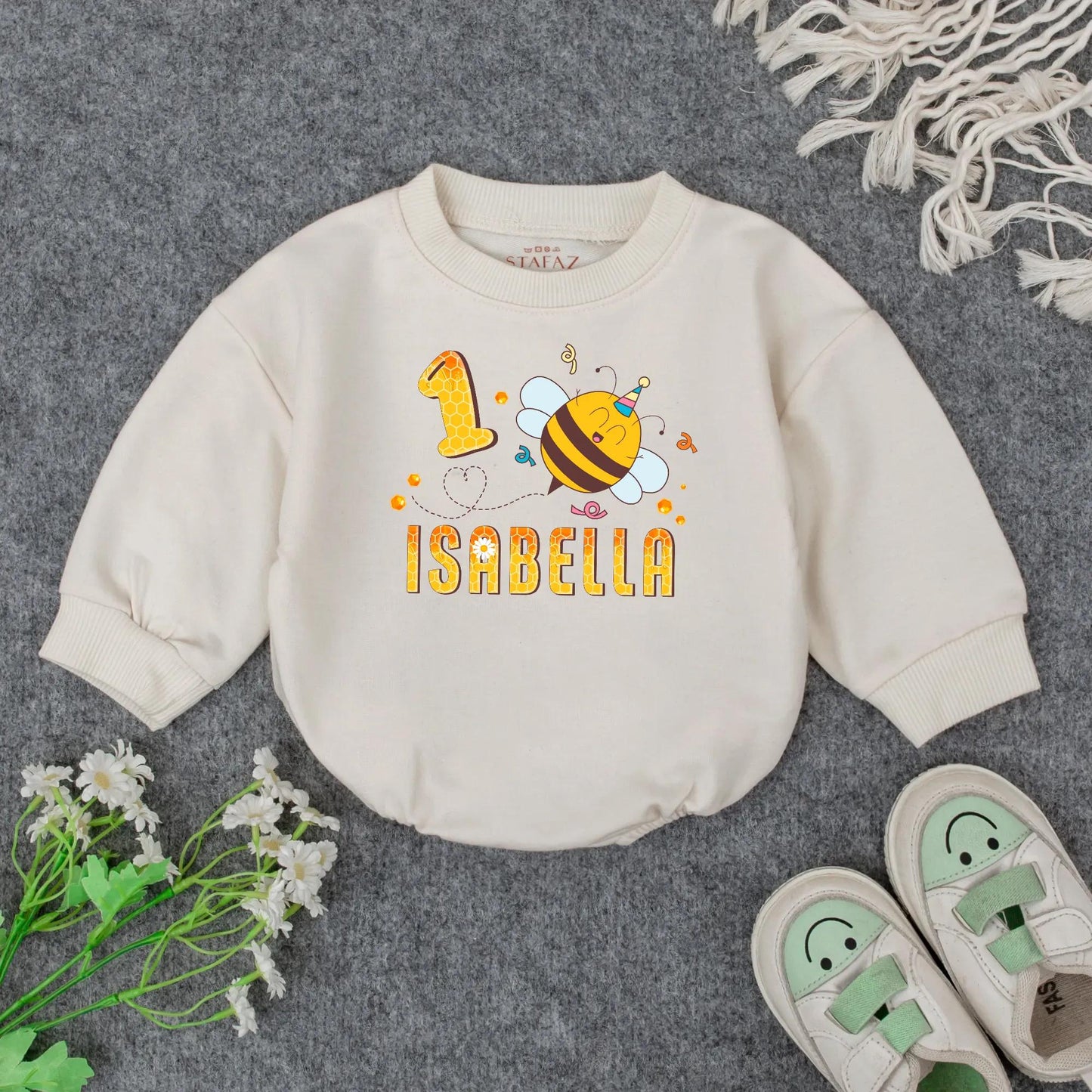 Personalized 1st Birthday Girl Romper Outfit Cute Bumblebee Honeycomb Design with Name Yellow Black Cheerful Floral Party Tee