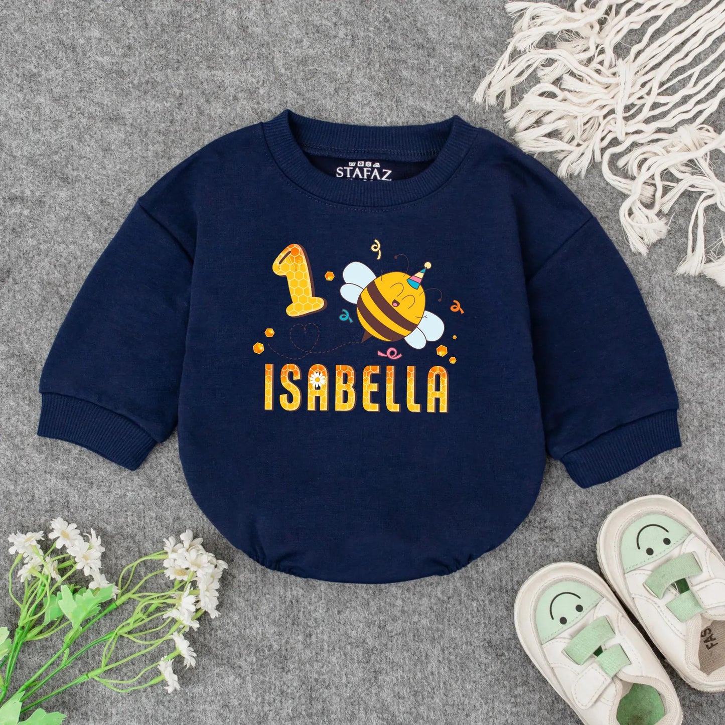 Personalized 1st Birthday Girl Romper Outfit Cute Bumblebee Honeycomb Design with Name Yellow Black Cheerful Floral Party Tee