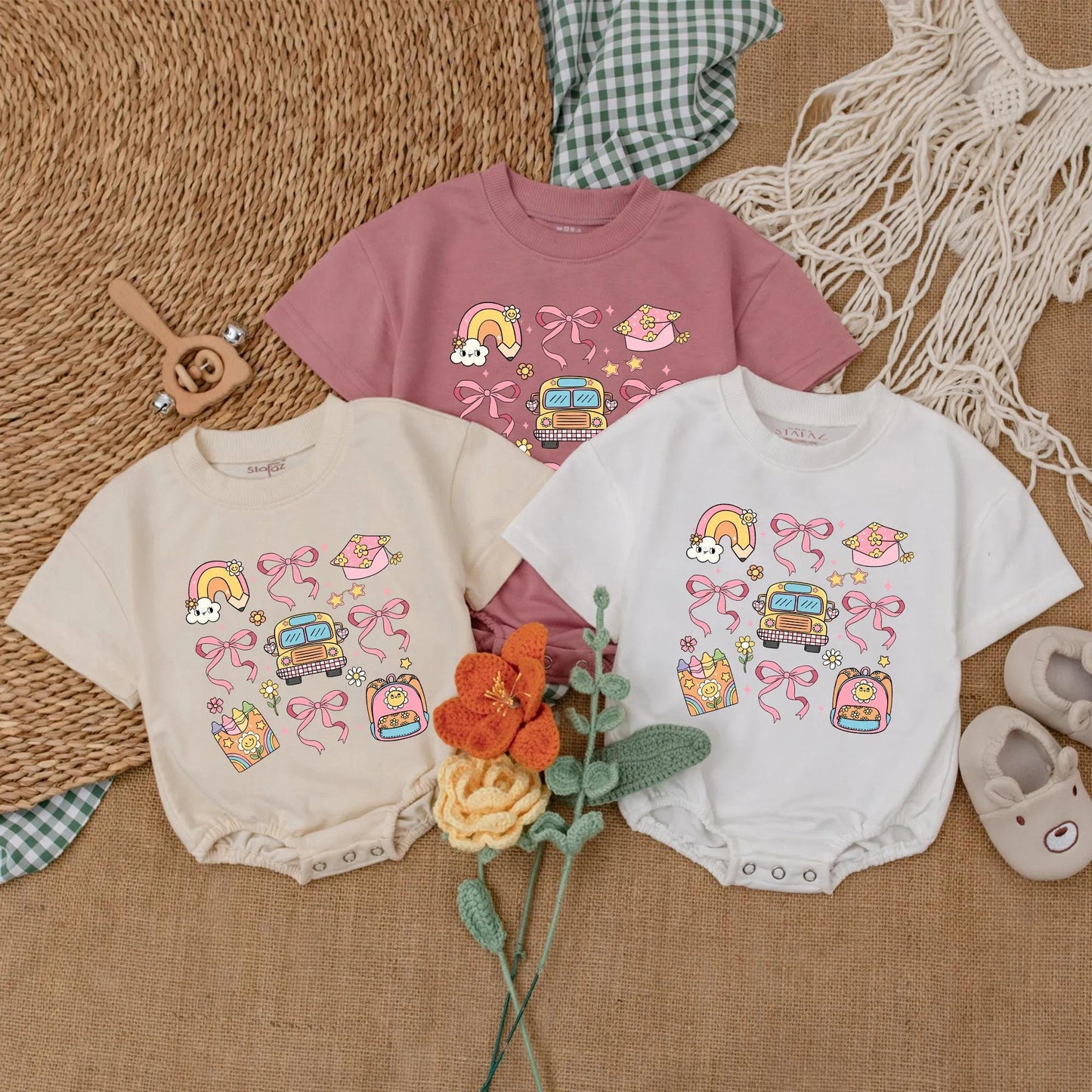 Back to School Baby Girl Romper Cute Crayon Rainbow Bodysuit Perfect Preschool First Day Outfit Sweet Gift for Girls