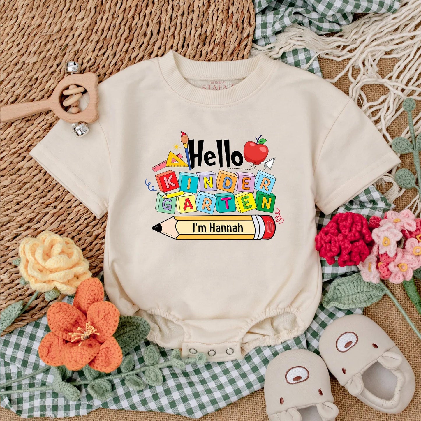 Hello Kindergarten Baby Romper Personalized Back to School Outfit Custom First Day Preschool Clothes Name Pencil Gift