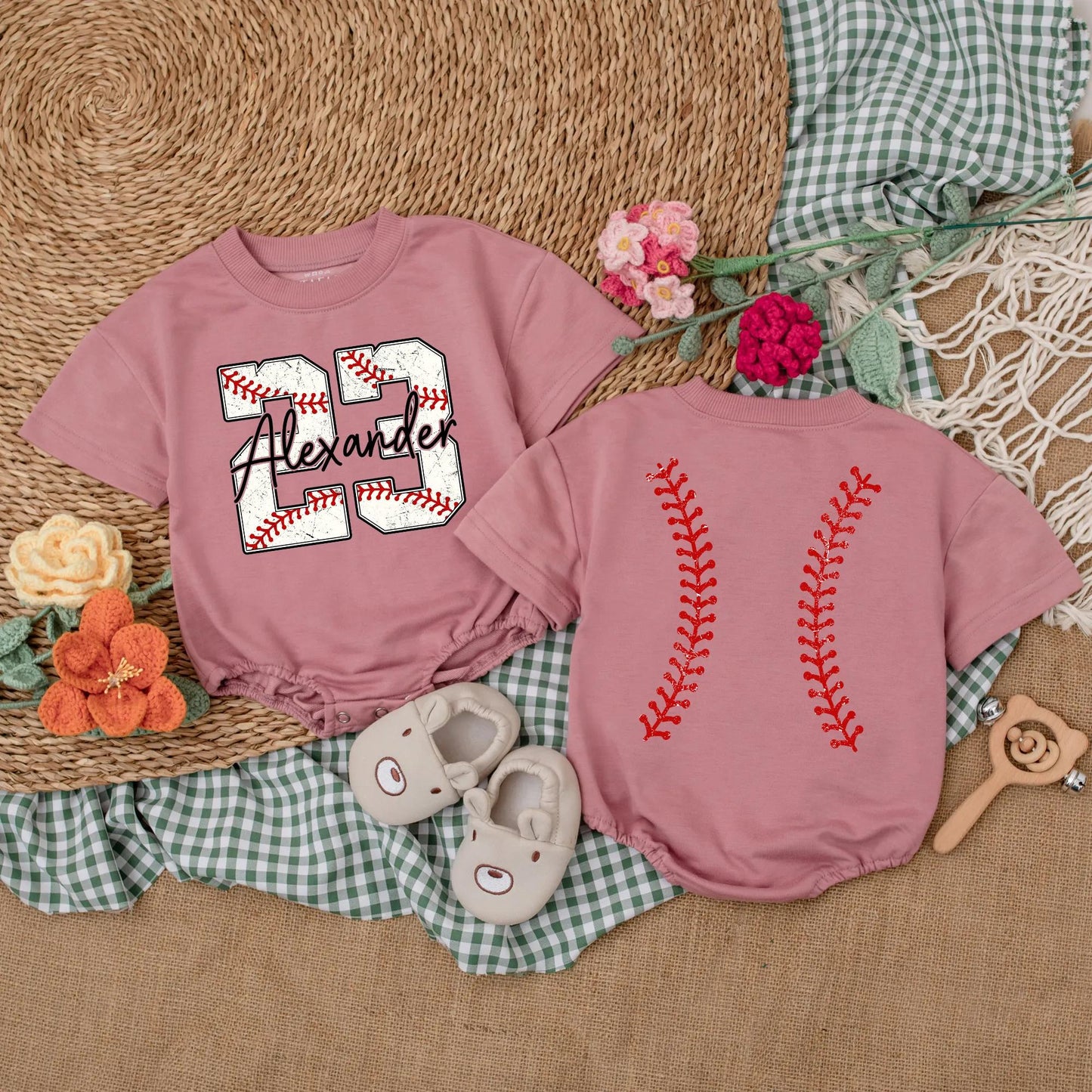 Personalized Baseball Number Baby Boy Romper with Custom Name Two Sided Short Sleeve Bodysuit Comfortable First Game Day Birthday Gift