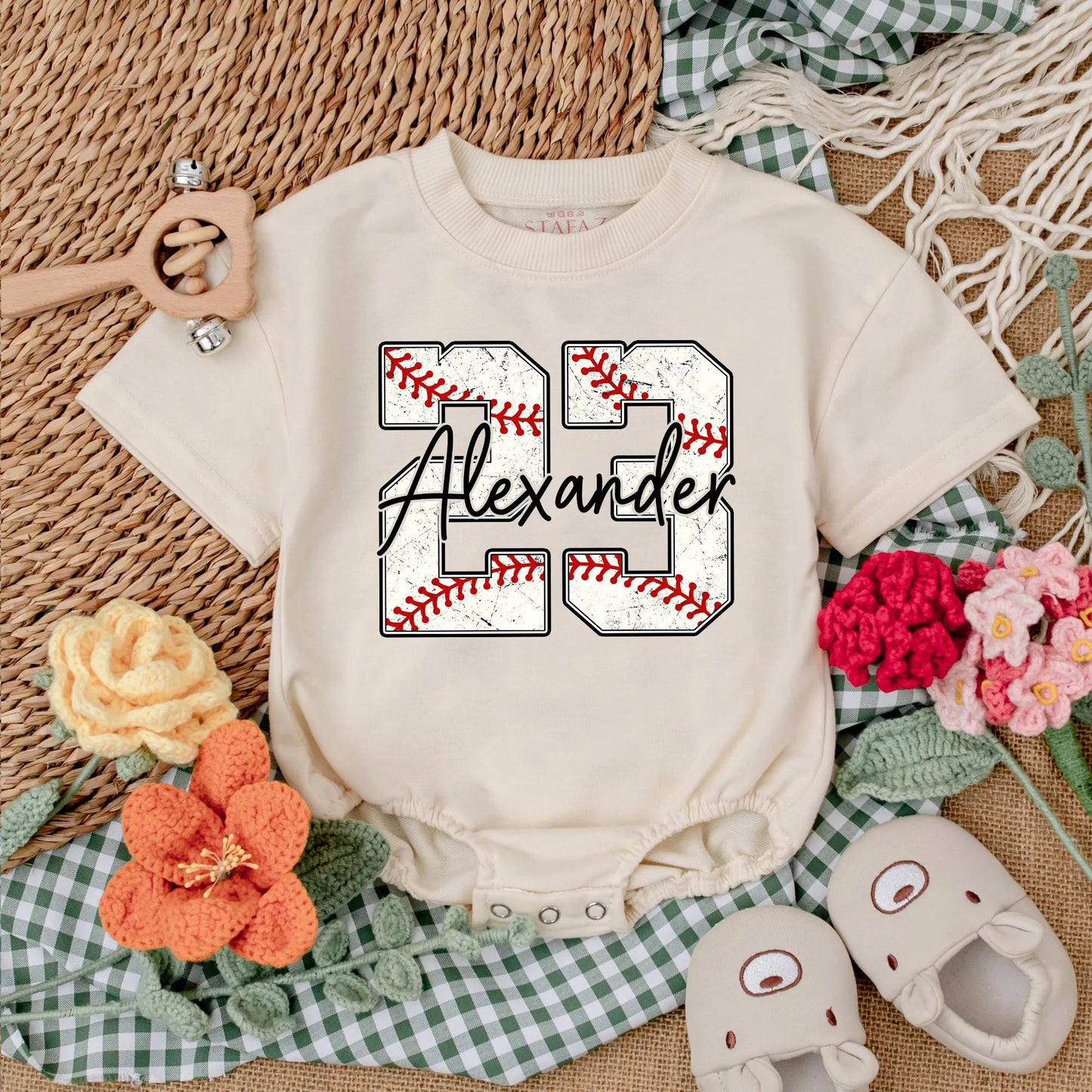 Personalized Baseball Number Baby Boy Romper with Custom Name Two Sided Short Sleeve Bodysuit Comfortable First Game Day Birthday Gift