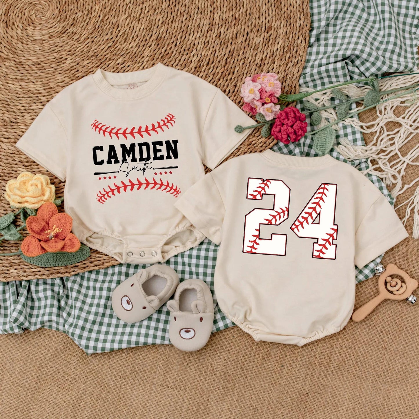 Custom Name & Number Baseball Romper Baby Outfit Two-Sided Game Day Sporty Clothes Boy Gift