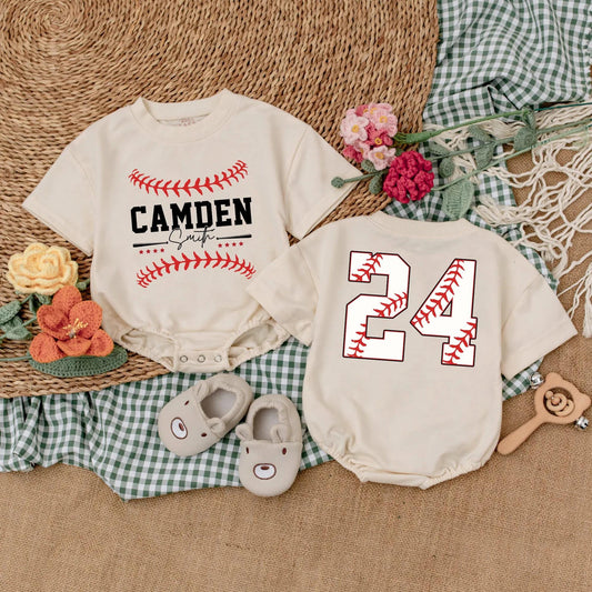 Custom Name & Number Baseball Romper Baby Outfit Two-Sided Game Day Sporty Clothes Boy Gift