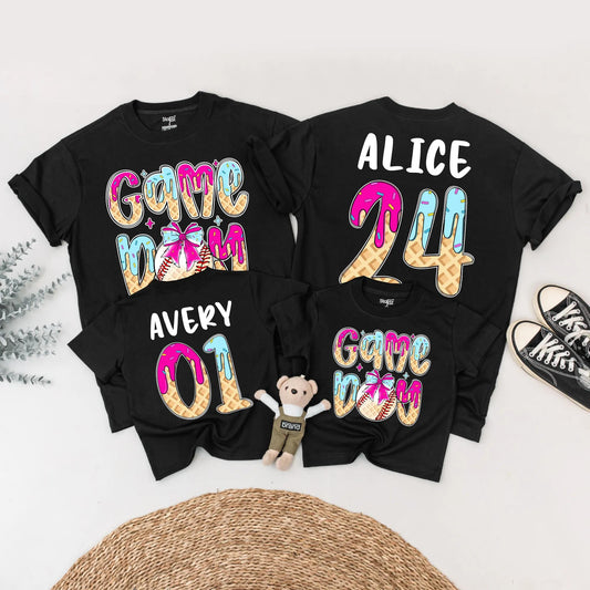 Game Day Baseball Birthday Shirt, Ice Cream Drip Design for Boy or Girl, Custom Age & Name Baseball Tee, Matching Family Option, Waffle Cone Letters