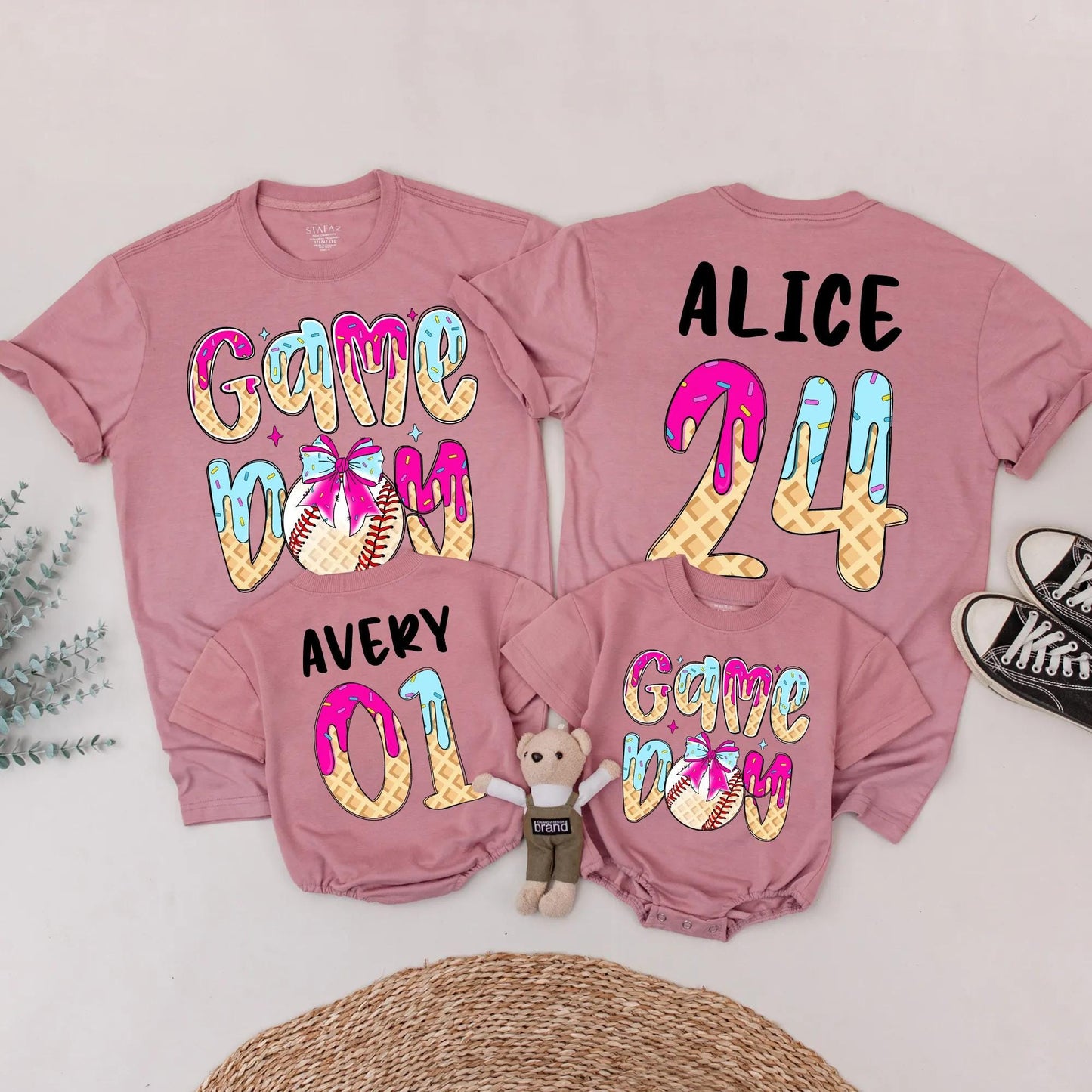 Game Day Baseball Birthday Shirt, Ice Cream Drip Design for Boy or Girl, Custom Age & Name Baseball Tee, Matching Family Option, Waffle Cone Letters