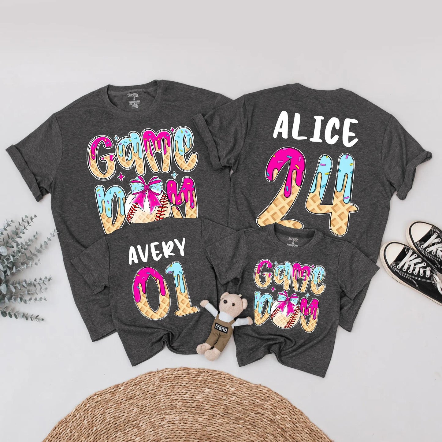 Game Day Baseball Birthday Shirt, Ice Cream Drip Design for Boy or Girl, Custom Age & Name Baseball Tee, Matching Family Option, Waffle Cone Letters