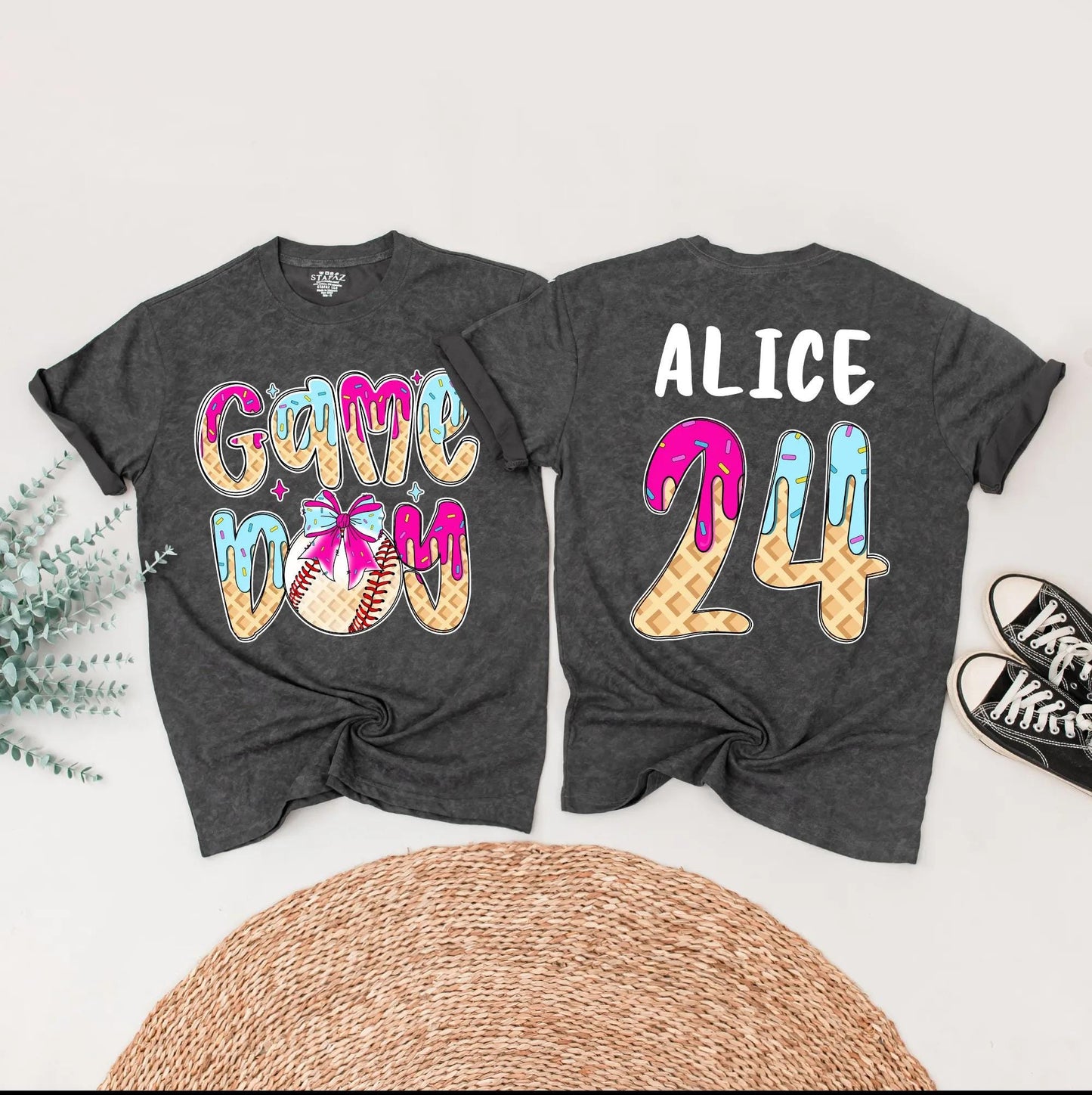 Game Day Baseball Birthday Shirt, Ice Cream Drip Design for Boy or Girl, Custom Age & Name Baseball Tee, Matching Family Option, Waffle Cone Letters