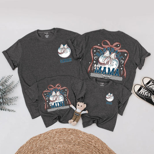 Baseball Mama & Mini Matching Shirts Retro Bow First Birthday Outfit Custom Name Red White Blue Checkered Family Tees Trendy Party Top 1st Birthday Gift