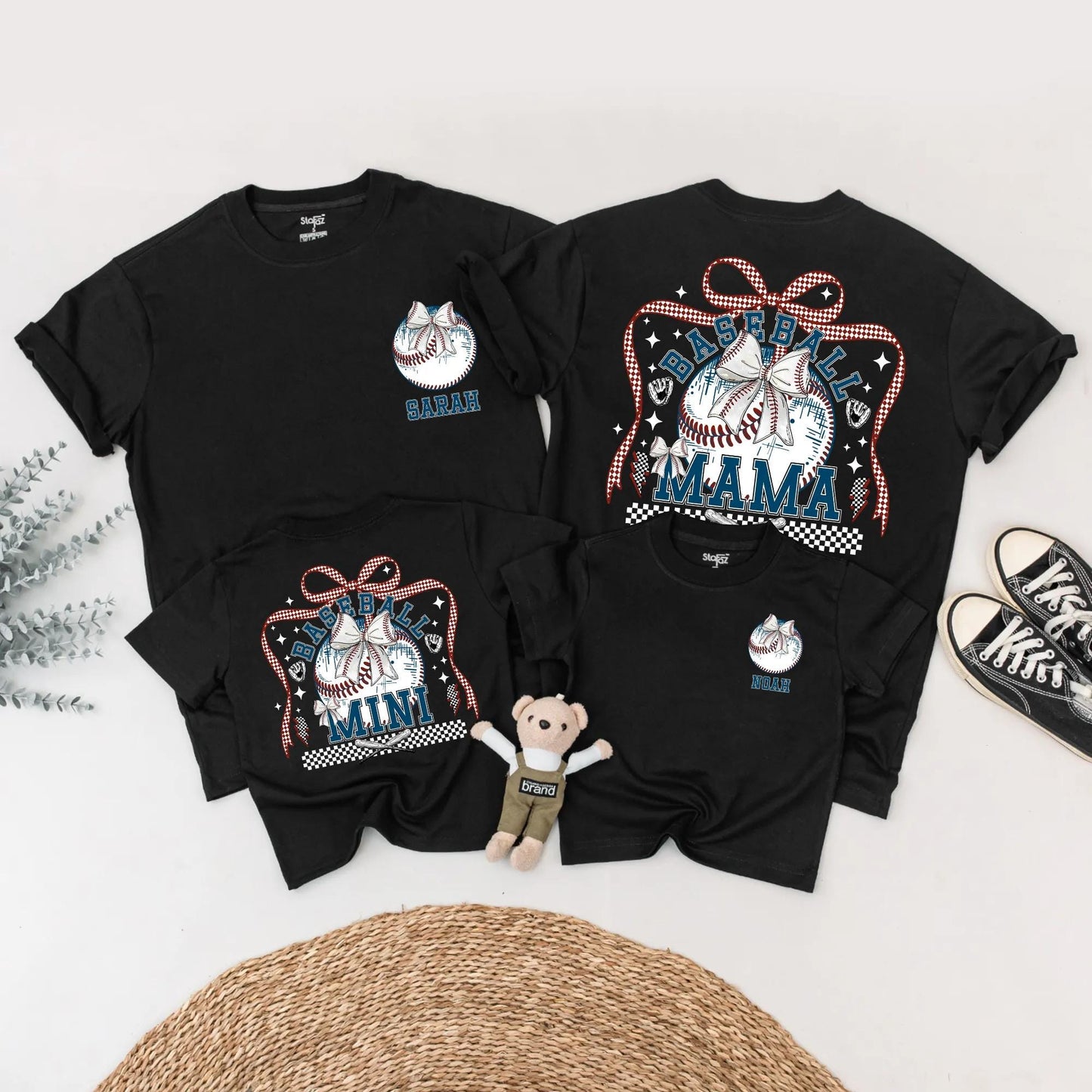Baseball Mama & Mini Matching Shirts Retro Bow First Birthday Outfit Custom Name Red White Blue Checkered Family Tees Trendy Party Top 1st Birthday Gift