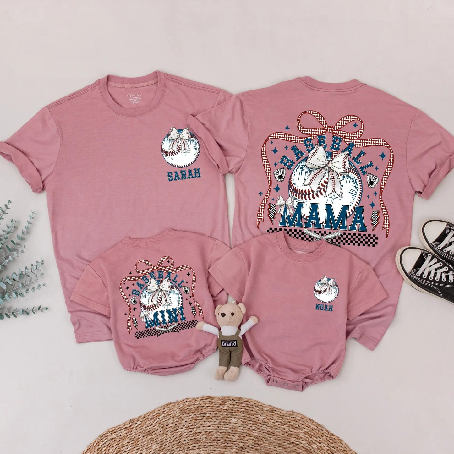 Baseball Mama & Mini Matching Shirts Retro Bow First Birthday Outfit Custom Name Red White Blue Checkered Family Tees Trendy Party Top 1st Birthday Gift
