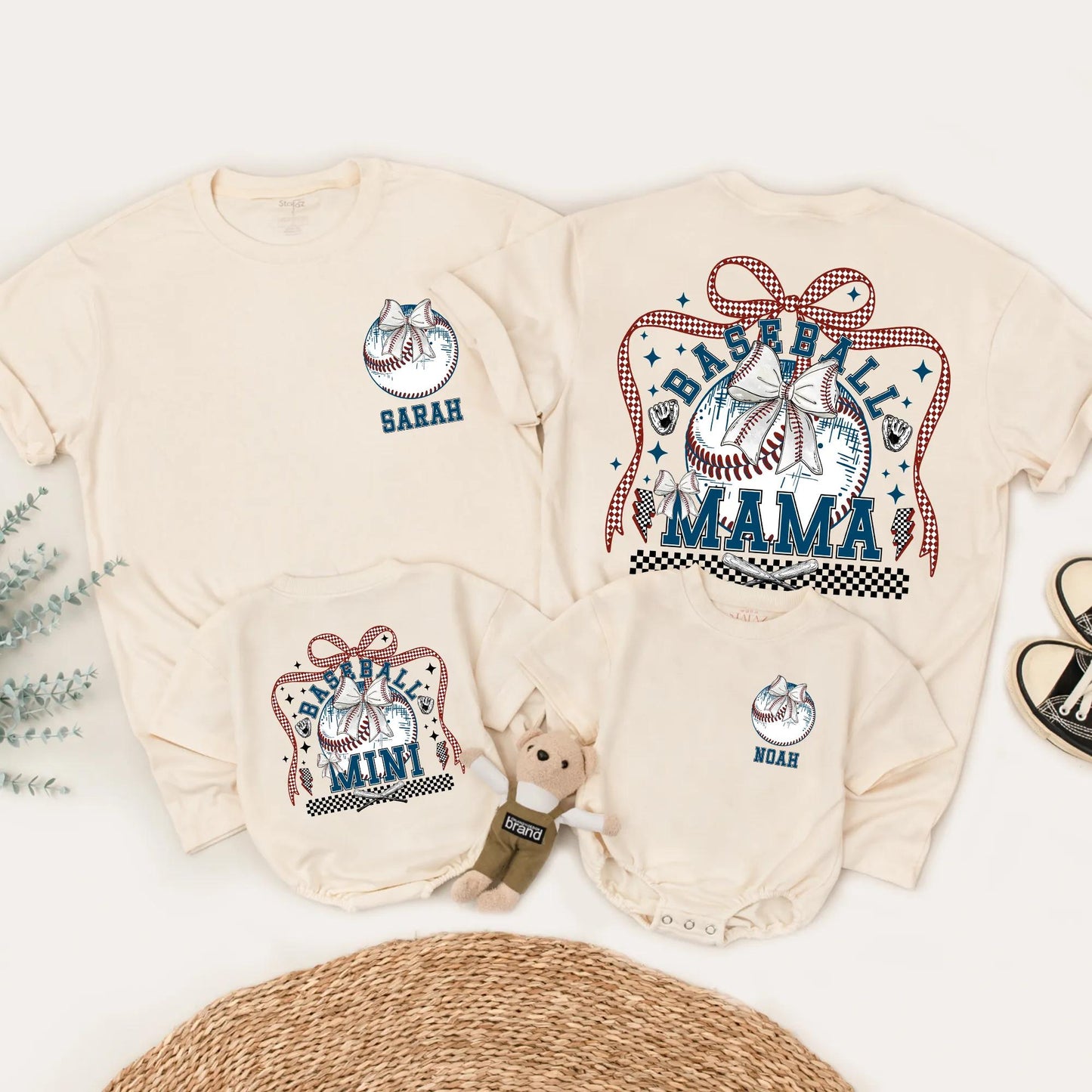 Baseball Mama & Mini Matching Shirts Retro Bow First Birthday Outfit Custom Name Red White Blue Checkered Family Tees Trendy Party Top 1st Birthday Gift