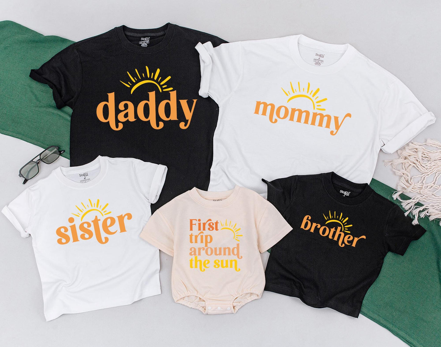 Matching First Trip Around The Sun Birthday Shirt for Family, Sunshine Baby Girl Toddler 1st Birthday Outfit, Boho Sun Summer Vacation Tee
