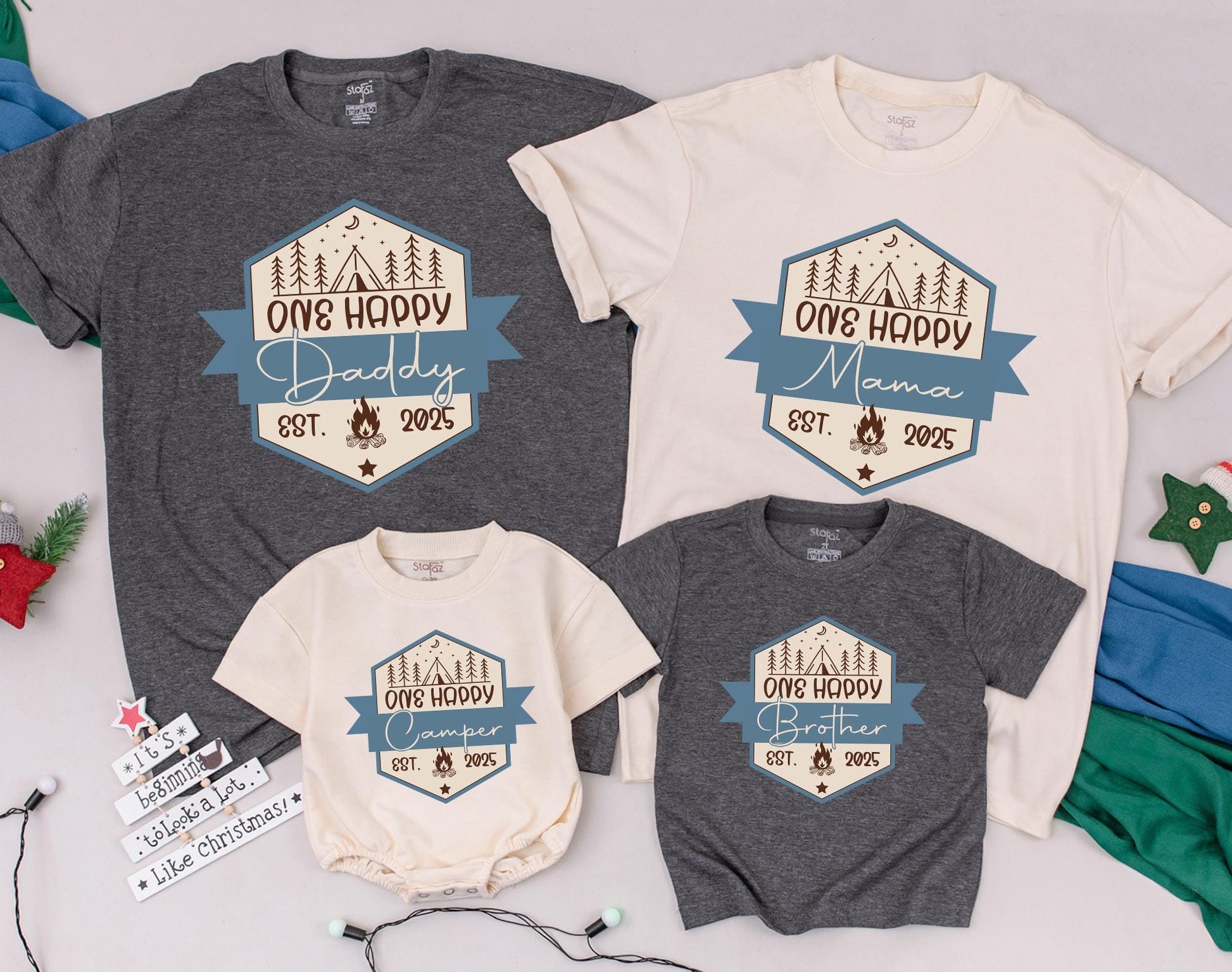 One Happy Camper Family Matching Shirts First Birthday Outfit for Mom Dad Baby Boy Girl Camping Theme Party Celebration Comfortable Cotton