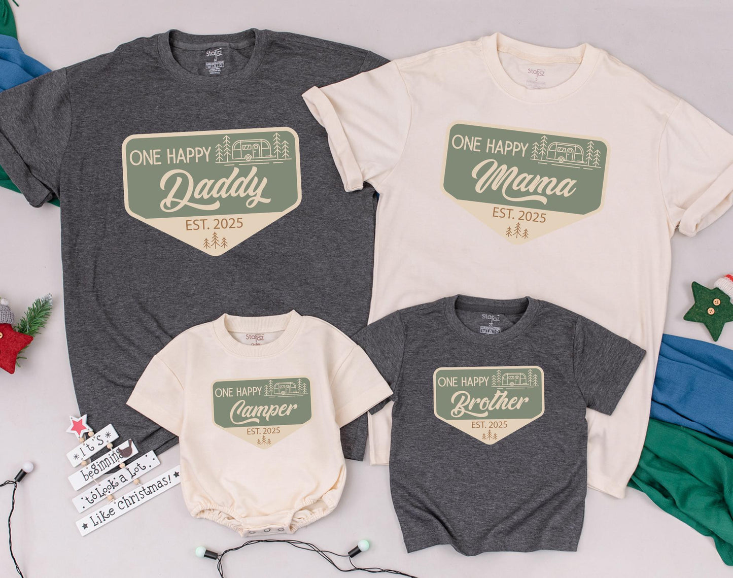 One Happy Camper 1st Birthday Family Shirts | Matching Boy Outfit, First Camper Birthday Baby Romper, Camp Birthday Tee Gift (136 chars)