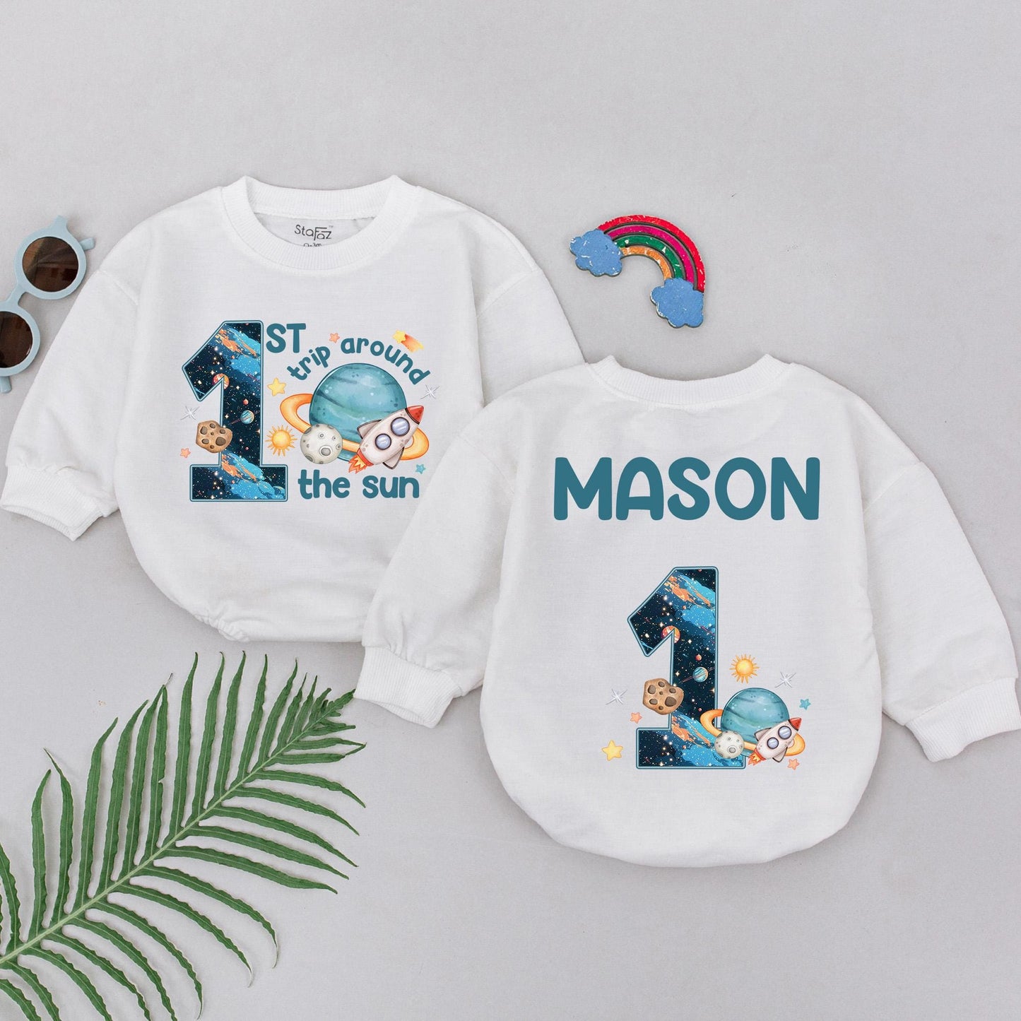 First Trip Around the Sun Romper Personalized Baby Boy Space Birthday Outfit Cute Astronaut Romper Galaxy One Year Old Gift Idea