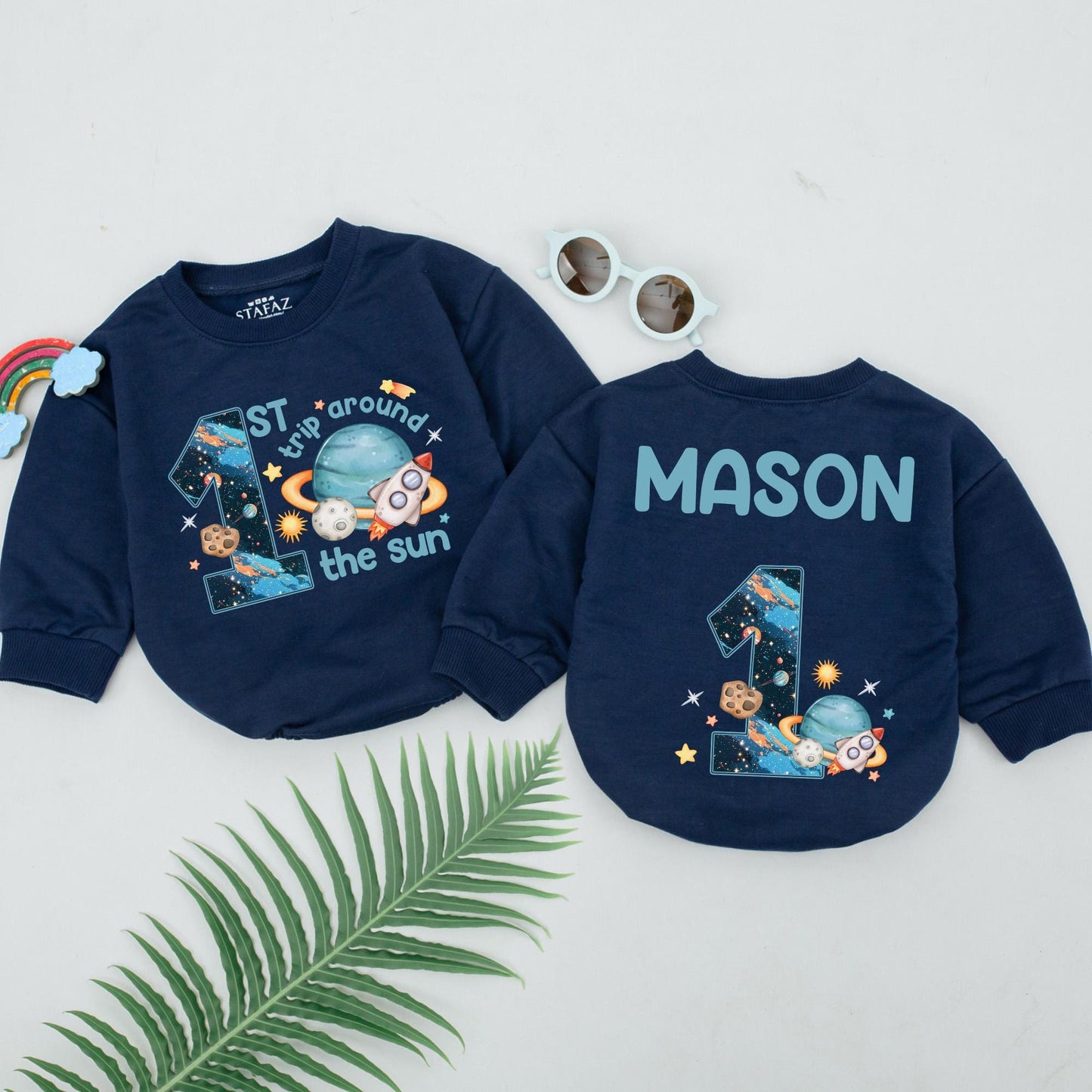 First Trip Around the Sun Romper Personalized Baby Boy Space Birthday Outfit Cute Astronaut Romper Galaxy One Year Old Gift Idea