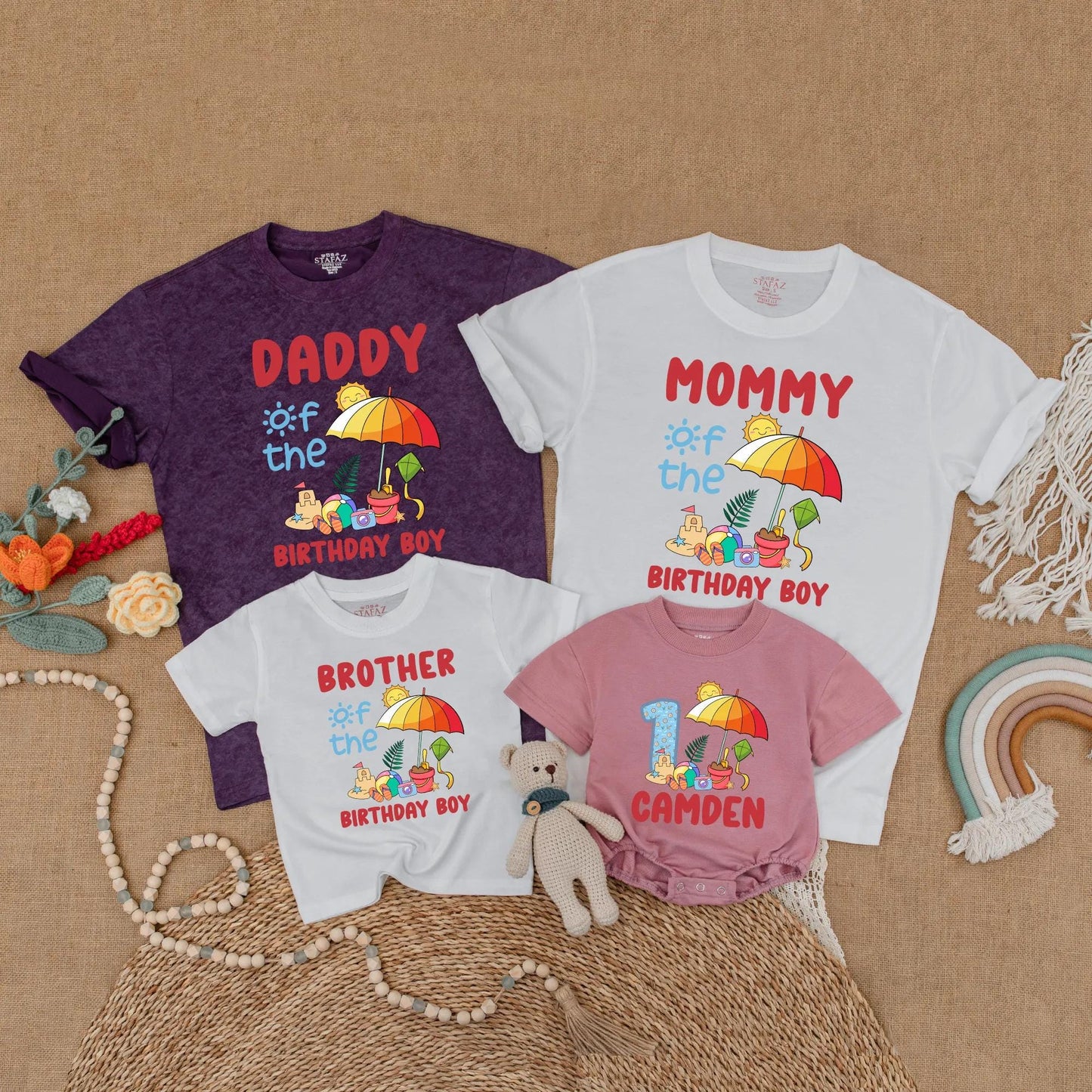 Matching Beach Birthday Boy Family Shirts Custom Romper Summer Party Outfit First Birthday Gift
