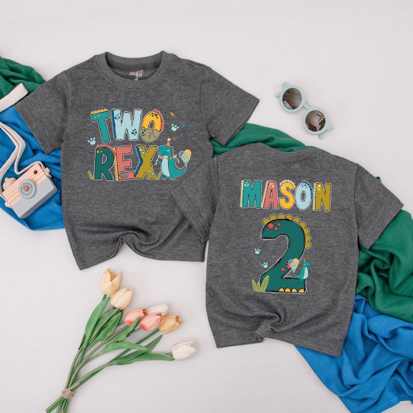 Personalized Two Rex Birthday Boy Shirt Colorful Dinosaur 2nd Birthday Toddler Outfit Whimsical Party Tee Fun Gift Idea