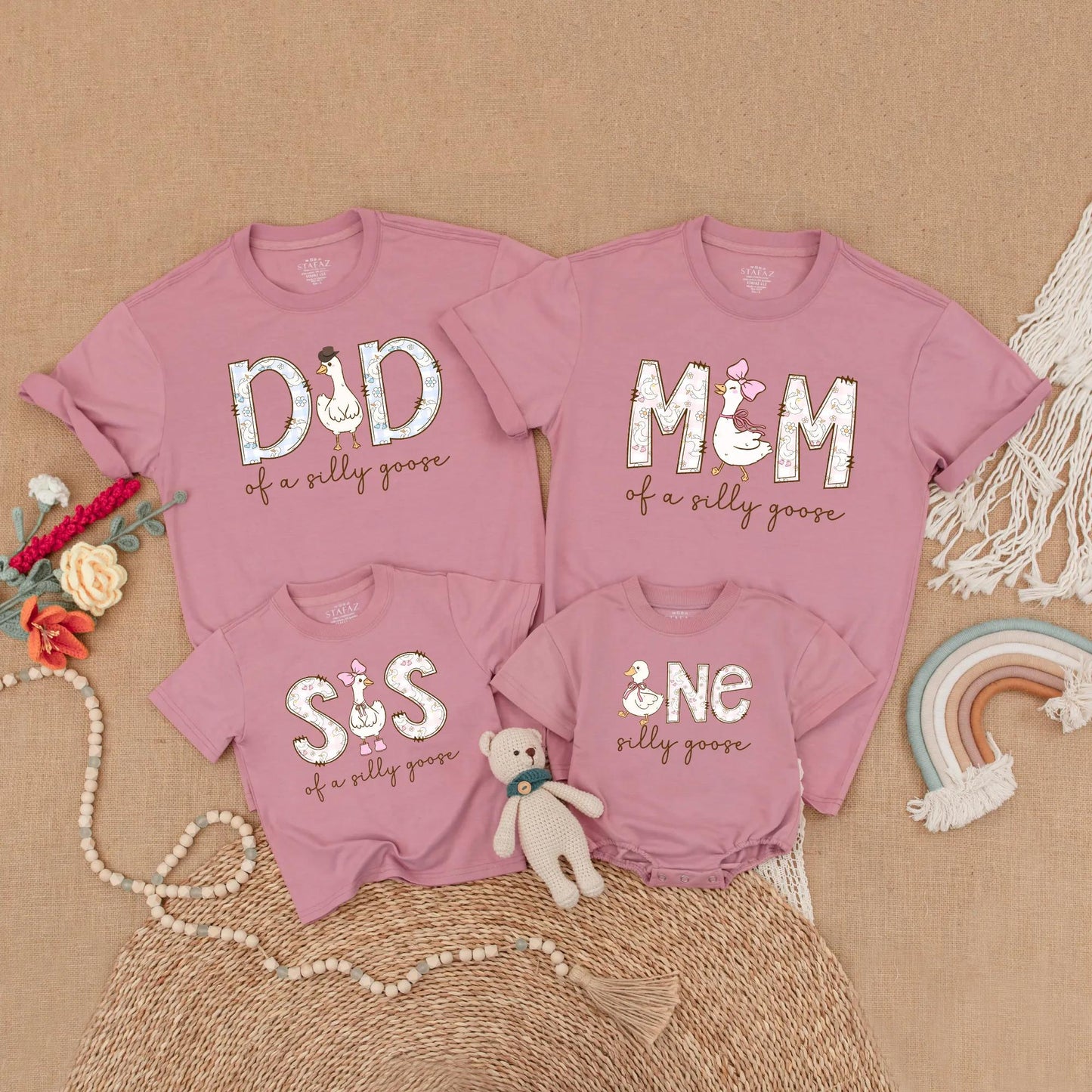Cute Goose First Birthday Family Matching Shirts Mom Dad Girl Adorable Silly Goose Theme Outfits Light Blue Pink Cheerful Design